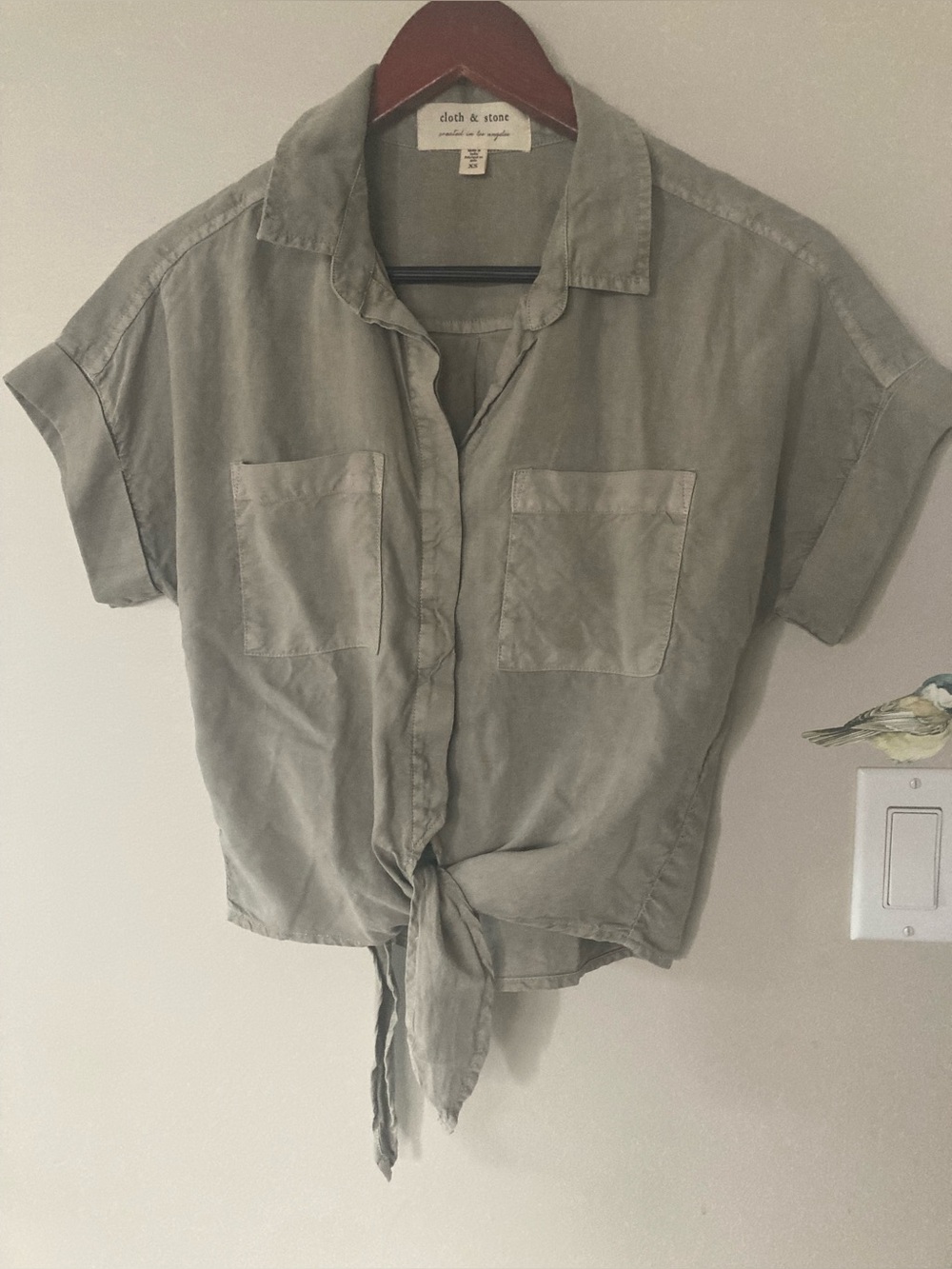 Anthropologie Cloth & Stone Eucalyptus Green 100% Tencel Tie-Front Short Sleeve